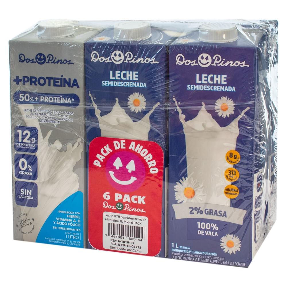 Leche Dos pinos semidescremada más proteína 6 pack - 6000 ml