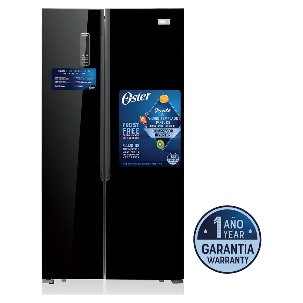 Refrigerador Side By Side Oster 15 Pc Color Negro Frente De Vidrio Templado