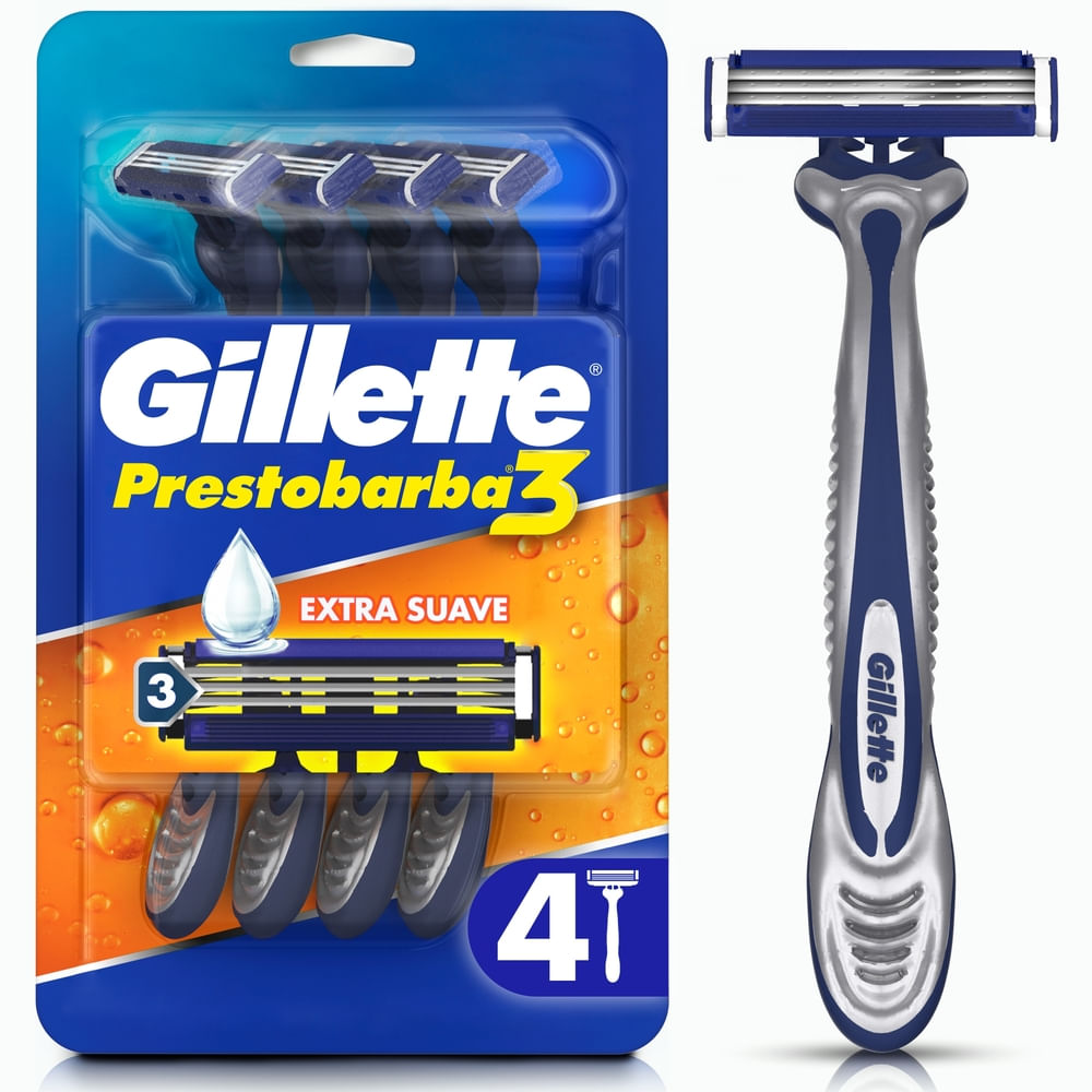 Rasuradora Gillette Prestobarba3 con 3 Hojas Afeitada al Ras - 4 Uds