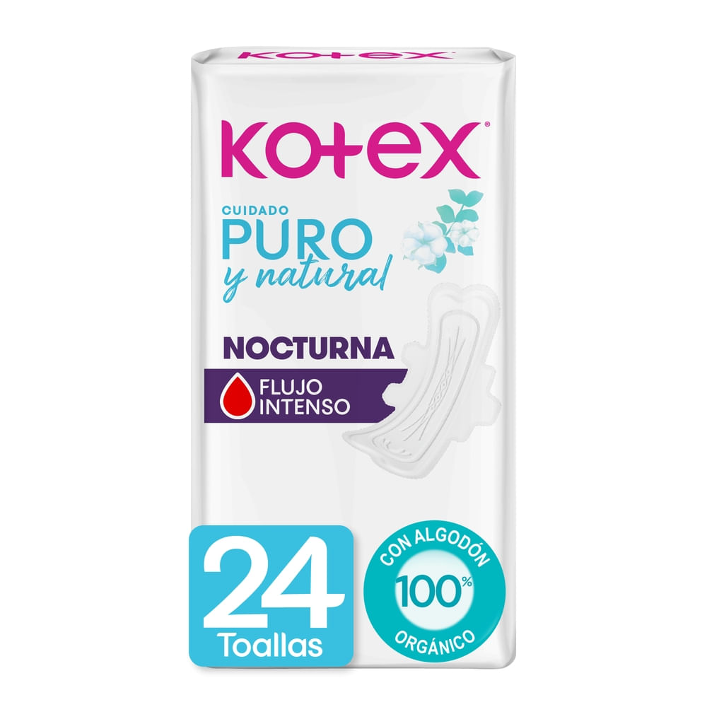Toallas Femeninas Kotex Puro y Natural Nocturna - 24 Unidades