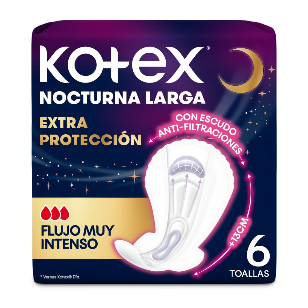 Toallas Femeninas Kotex Nocturna Larga Extra Protección - 6 Unidades