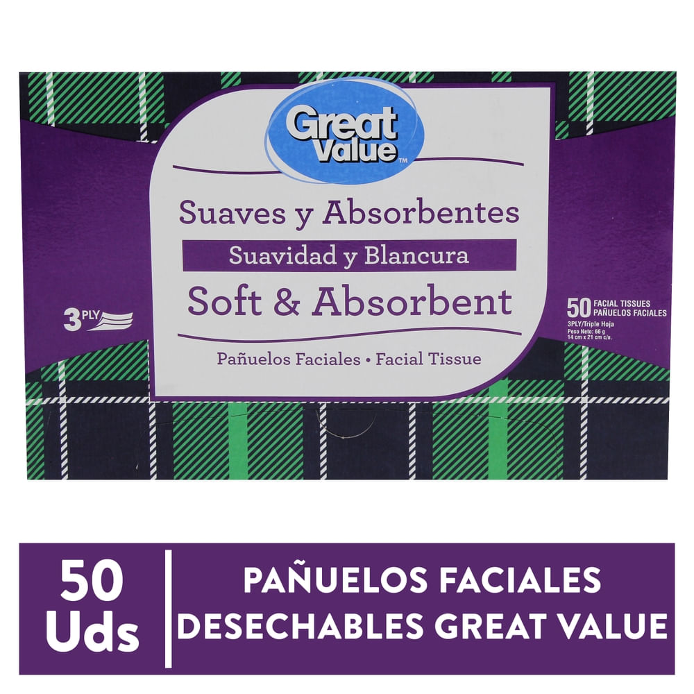 Pañuelo Facial Great Value Pequeños 3P - 50 Unds