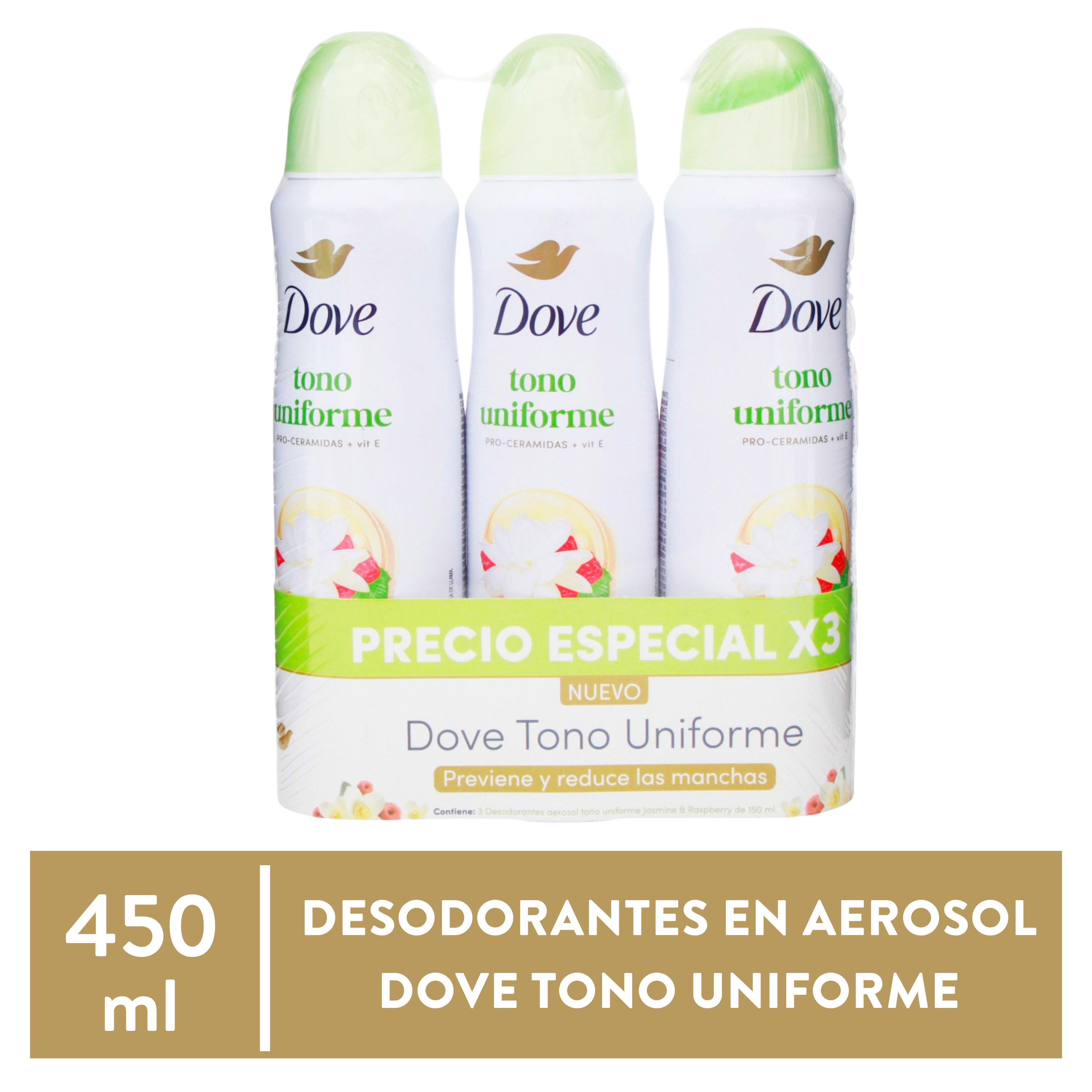 Desodorante Dove en aerosol tono uniforme 3 pack - 450 ml