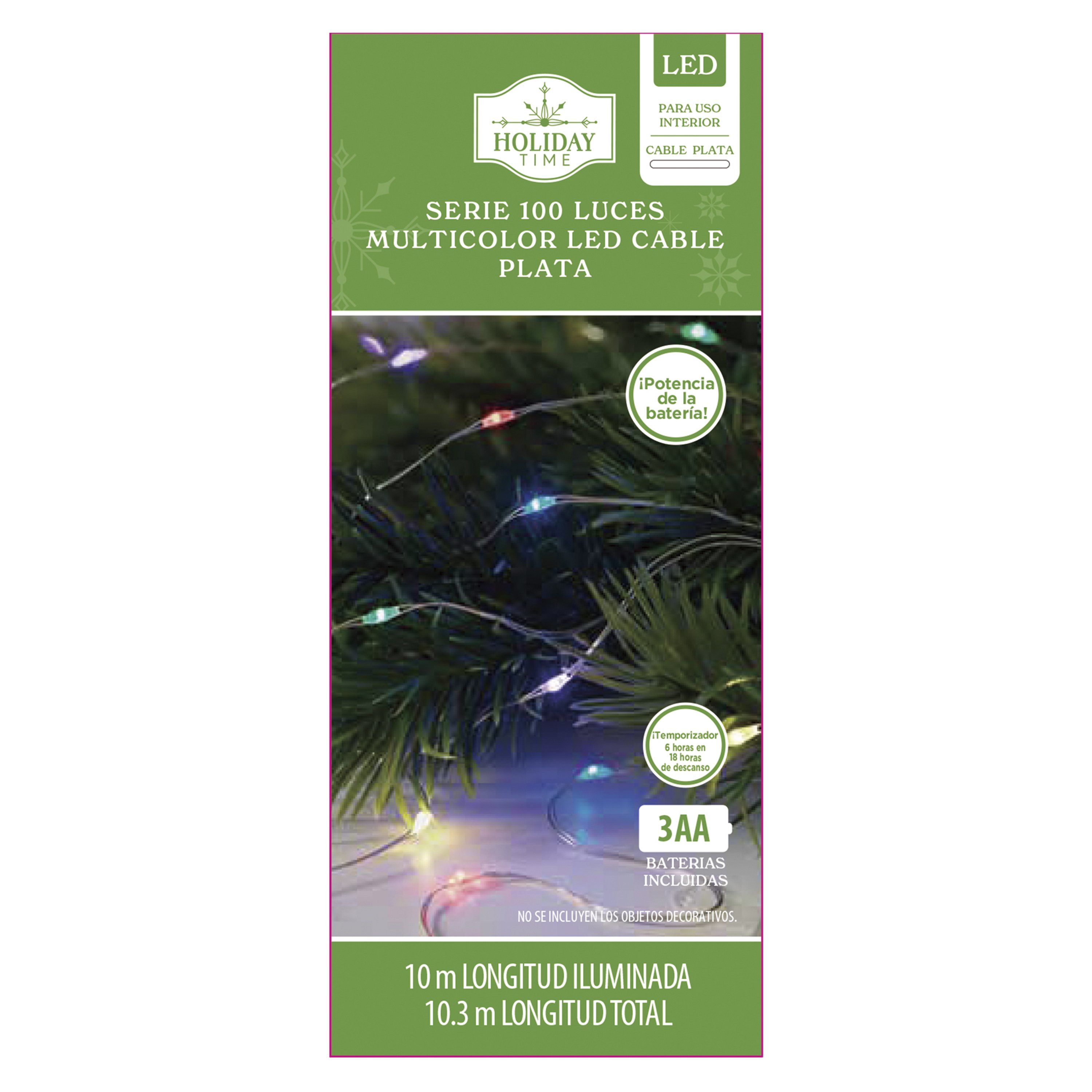 Luces Holiday Time LED multicolor con cable y baterías incluidas para Navidad - 100 luces
